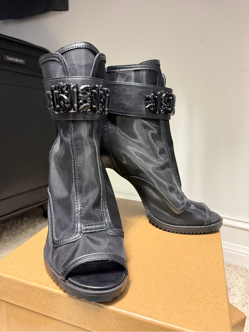 Karl Lagerfeld Black Embellished Open-Toe Ankle Boots